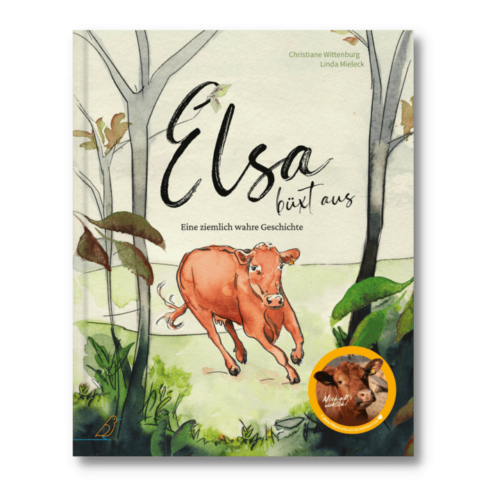 Buch-Cover: braune rennende Kuh auf Wiese, "Elsa büxt aus"