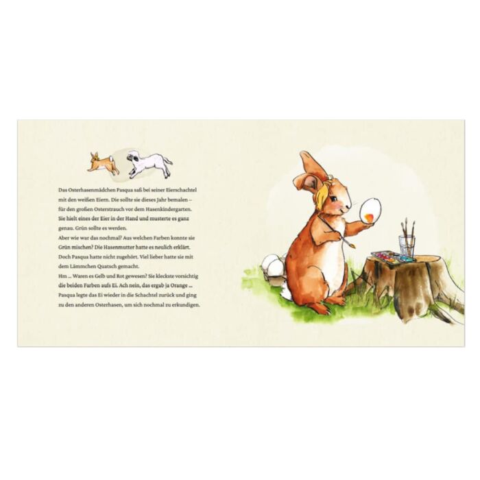 Innenseite " Das Ei mit dem Knacks ": ein Osterhasenmädchen malt ein Ei mit Wasserfarben und Pinsel, die auf einem Baumstumpf liegen, an