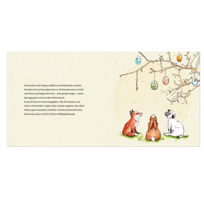 Innenseite " Das Ei mit dem Knacks ": ein Fuchs, ein Hase und ein Schaf schauen nach oben auf einen Baum, an dem bemalte Eier hängen