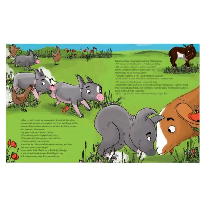 Innenseite " Die Ferkel sind los! ": kleine Ferkel laufen auf einer Wiese an Hühner vorbei und treffen auf eine Ziege