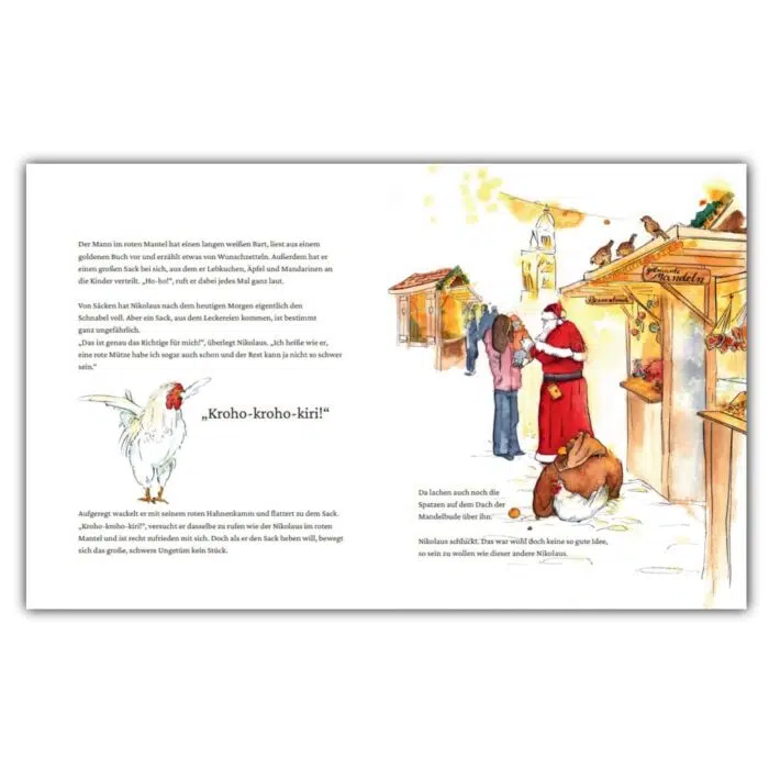 Innenseite " Der etwas andere Nikolaus ": Huhn Nikolaus steht hinter dem Sack mit Leckereien vor dem Weihnachtsmann auf einem Weihnachtsmarkt