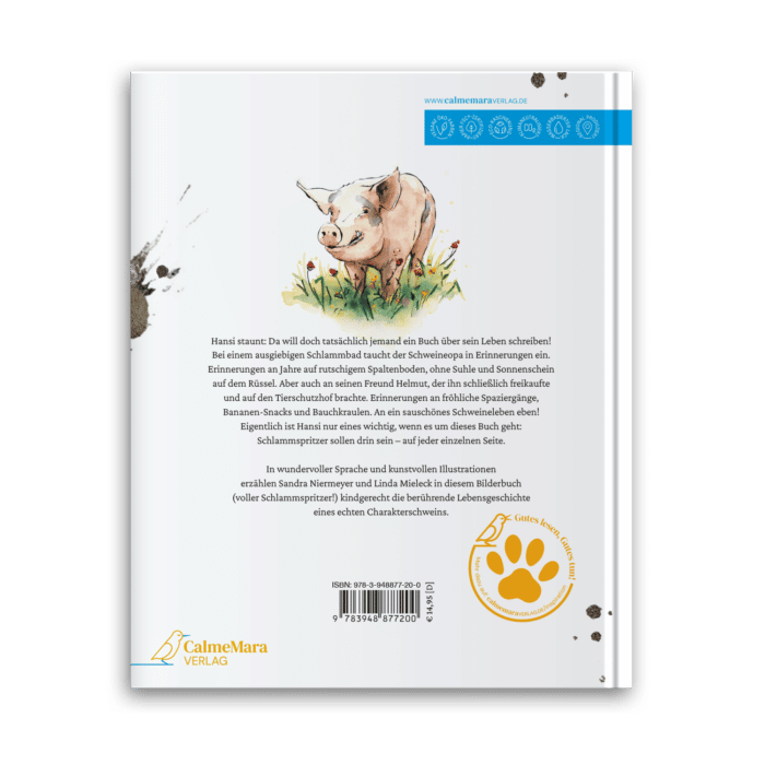 Rückseite eines Buches: ein Schwein steht auf einer Wiese, "Ein Buch für Hansi"