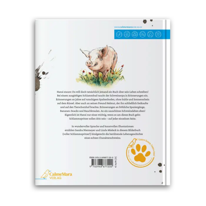 Rückseite eines Buches: ein Schwein steht auf einer Wiese, "Ein Buch für Hansi"