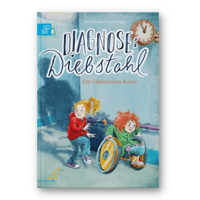 Buch-Cover: ein verängstigtes Mädchen und ein Mädchen im Rollstuhl vor einem riesigen Schatten, "Diagnose: Diebstahl"