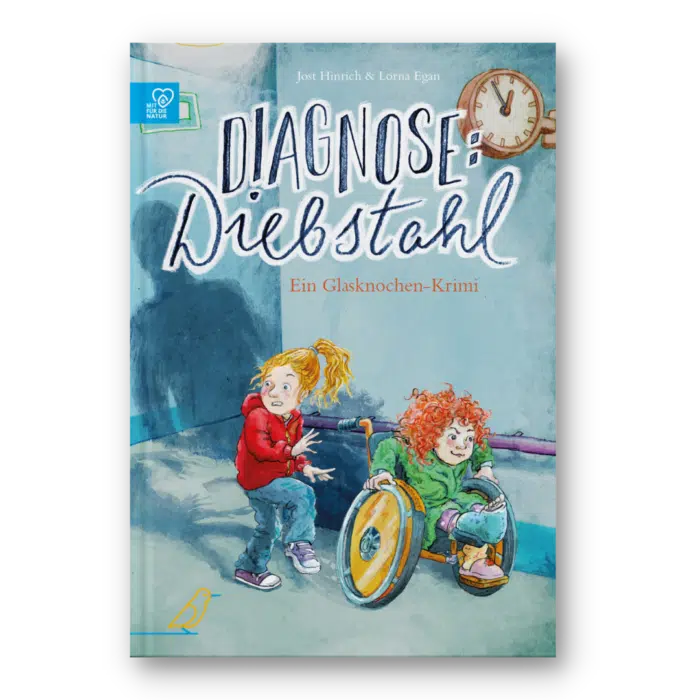 Buch-Cover: ein verängstigtes Mädchen und ein Mädchen im Rollstuhl vor einem riesigen Schatten, "Diagnose: Diebstahl"