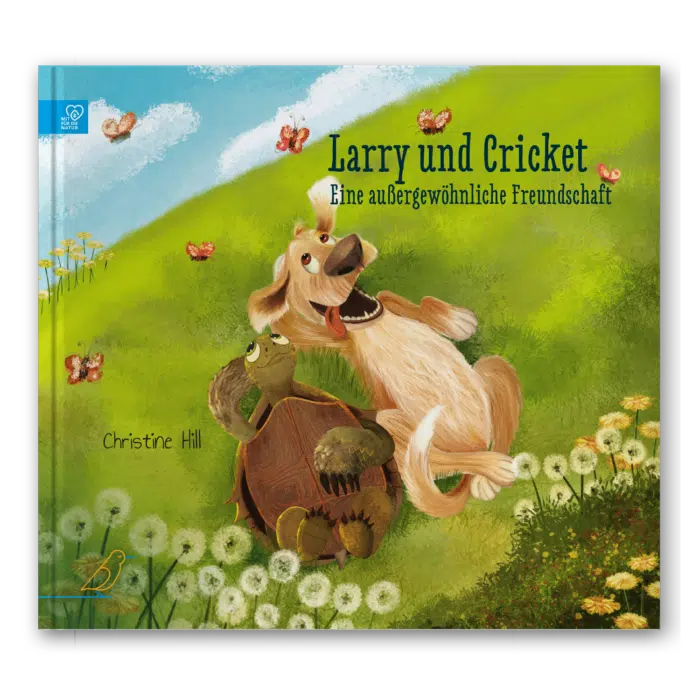 Buch-Cover: ein Hund und eine Schildkröte liegen auf einer Wiese und schauen in den Himmel, "Larry und Cricket"