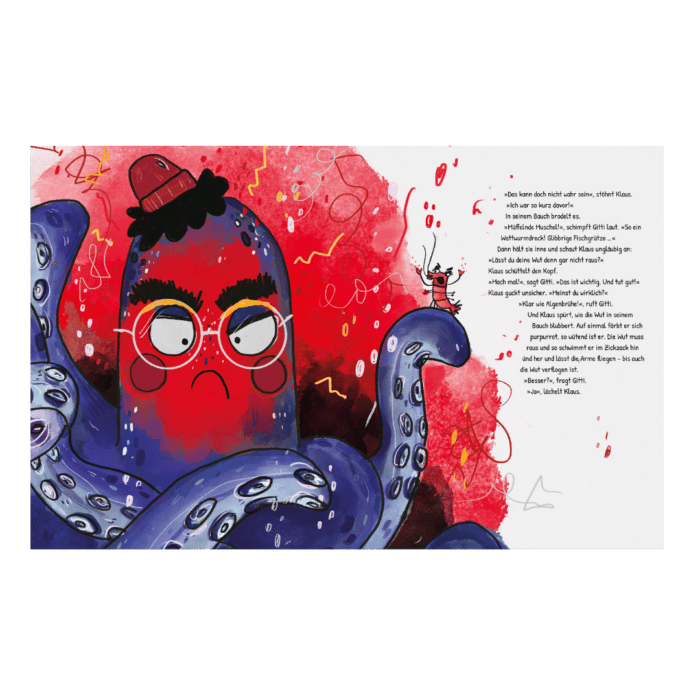 Innenseite " Lass es es raus, Knotenklaus ": Oktopus Klaus und Gitti Garnele regen sich darüber auf, dass Klaus den Knoten in seinem Tentakel nicht lösen kann