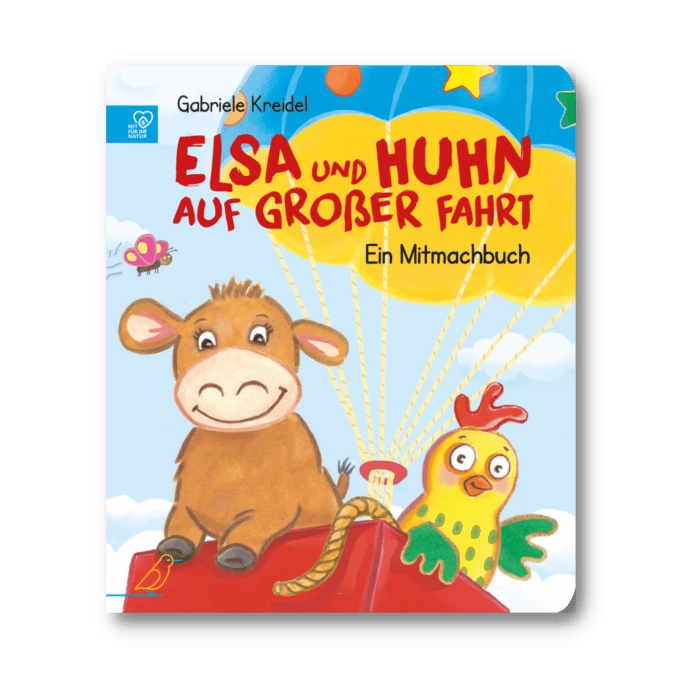 Buch-Cover: die Kuh Elsa und ein Huhn fliegen mit einem Heißluftballon, "Elsa und Huhn auf großer Fahrt"