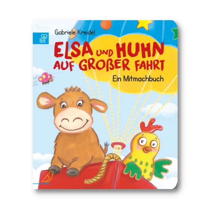 Buch-Cover: die Kuh Elsa und ein Huhn fliegen mit einem Heißluftballon, "Elsa und Huhn auf großer Fahrt"