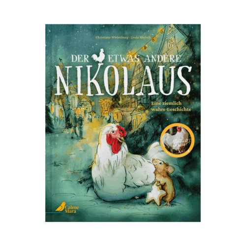 Buch-Cover: ein Huhn und eine Maus, die einen sternförmigen Keks isst, vor einer beschneiten, beleuchteten Stadt, "Der etwas andere Nikolaus"
