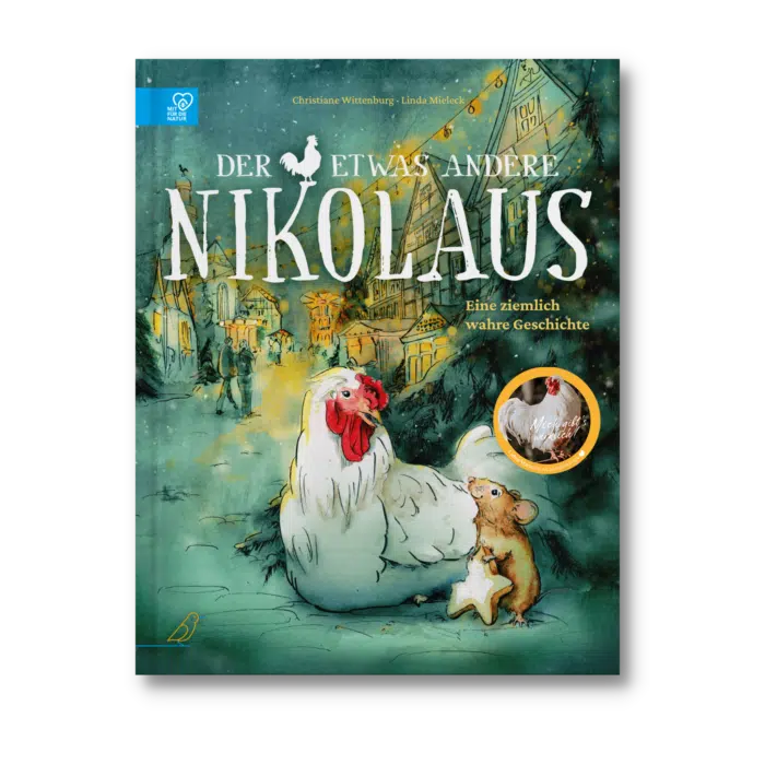 Buch-Cover: ein Huhn und eine Maus, die einen sternförmigen Keks isst, vor einer beschneiten, beleuchteten Stadt, "Der etwas andere Nikolaus"