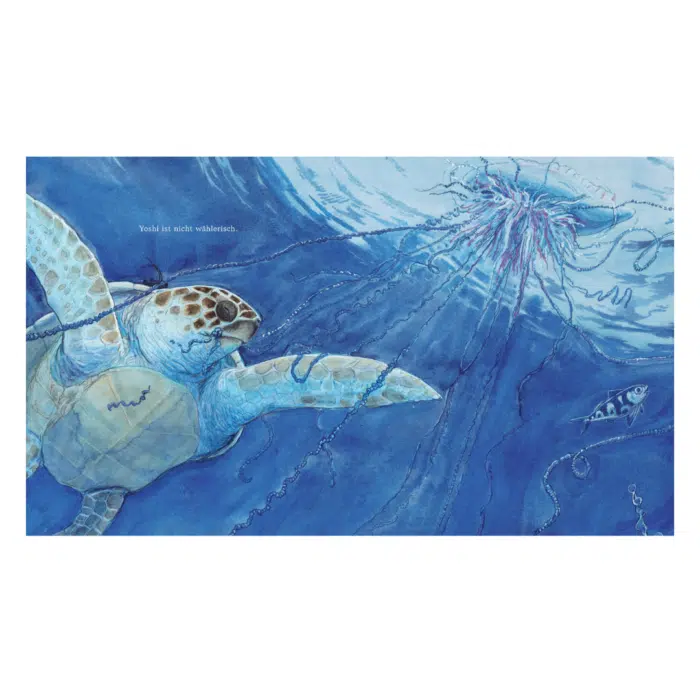 Innenseite " Yoshi und das Meer ": Bild: Schildkröte Yoshi beißt eine Qualle; Text: Yoshi ist nicht wählerisch.