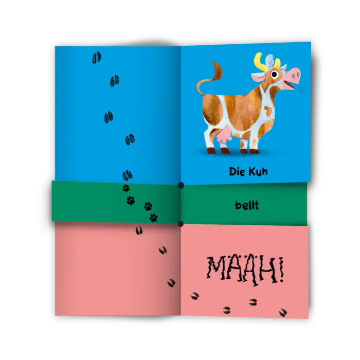 Innenseite " Der Frosch bellt MÄÄH! ": eine Kuh und Fußspuren von unterschiedlichen Tieren;