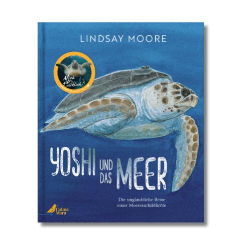 Buchcover von dem Kinderbuch "Yoshi und das Meer". Eine Schildkröte, die im Meer schwimmt.