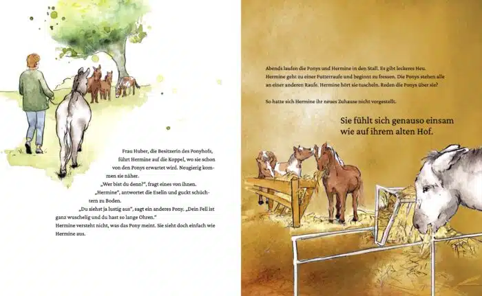 Innenseite aus dem Buch "Endlich Esel". Esel frisst einsam an Heuraufe