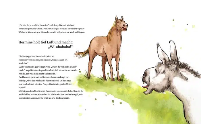 Weitere Innenseite aus dem Buch "Endlich Esel". Esel versucht zu wiehern.