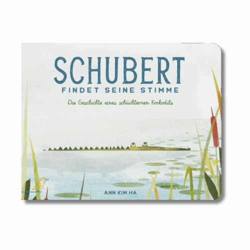 Buch-Cover: schüchternes Krokodil versteckt sich im Wasser, "Schubert findet seine Stimme"