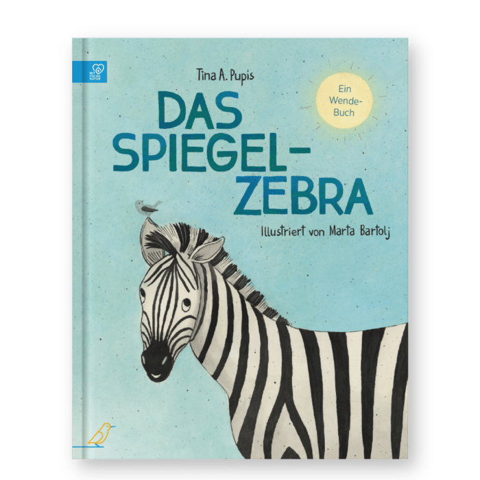 Buch-Cover: ein Vogel sitzt auf dem Ohr eines Zebras, "Das Spiegel-Zebra"
