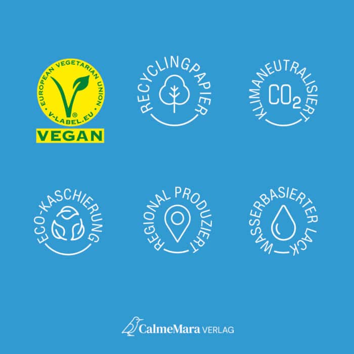 Buch-Label: Vegan, Zertifiziertes Papier, Klimaneutral, Eco-Kaschierung, Regional Produziert, Wasserbasierter Lack