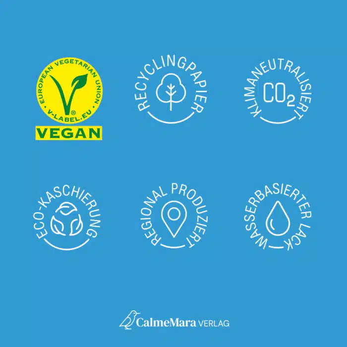 Buch-Label: Vegan, Zertifiziertes Papier, Klimaneutral, Eco-Kaschierung, Regional Produziert, Wasserbasierter Lack