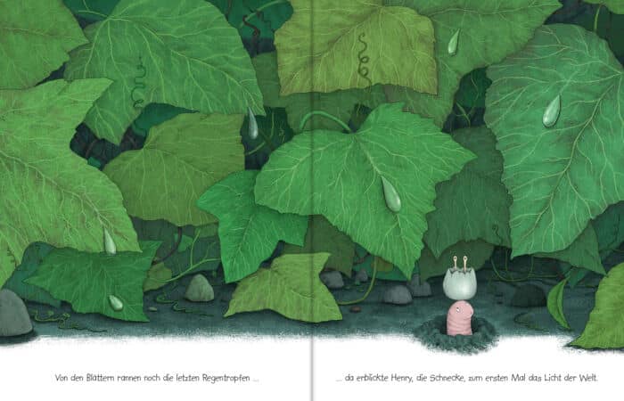 Innenseite aus dem Bilderbuch "Henry will hoch hinaus", über eine Schnecke ohne Schneckenschleim.