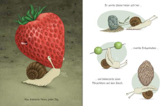 Innenseite aus dem Bilderbuch "Henry will hoch hinaus", über eine Schnecke ohne Schneckenschleim.