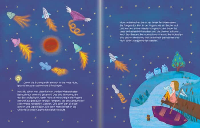 Seite aus dem Bilderbuch "Lumi lernt sich kennen". Lumi sitzt auf einer Erdkugel und blickt in den Sternenhimmel. Dort fliegen verschiedene Menstruationsprodukte wie Raketen.