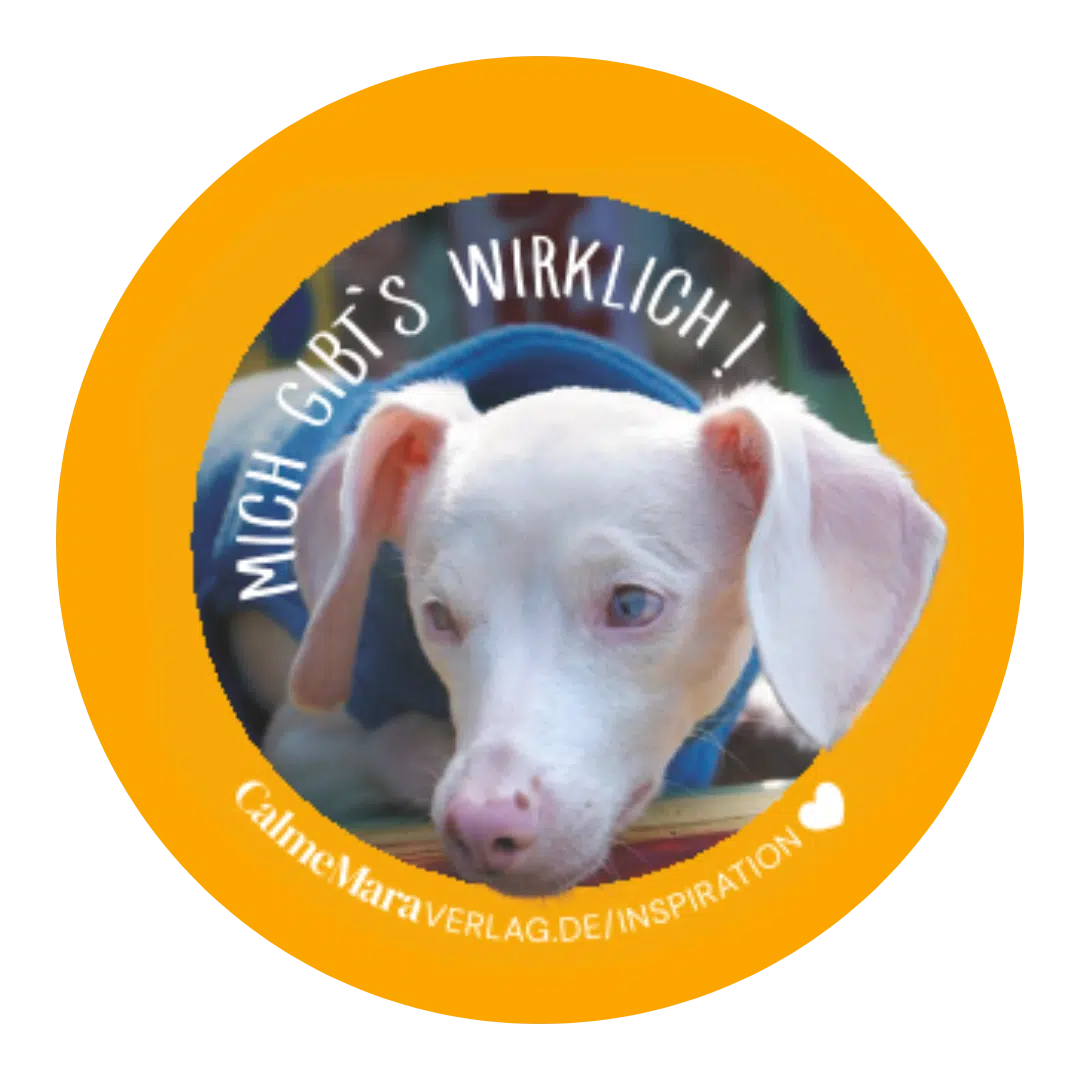 Sticker mit einem Foto von dem echten Hund auf dem die Geschichte des Buchs