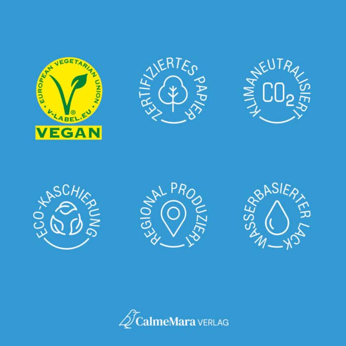 Buch-Label: Vegan, Zertifiziertes Papier, Klimaneutral, Eco-Kaschierung, Regional Produziert, Wasserbasierter Lack