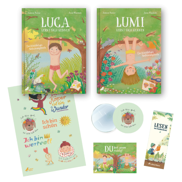Inhalt des Aufklärungspakets: Buch "Lumi lernt sich kennen", Buch "Luca lernt sich kennen", Poster mit Affirmationen, kleiner runder Handspiegel, Lesezeichen "Lesen ist Entdecken!", Postkarte "Du bist genau richtig"