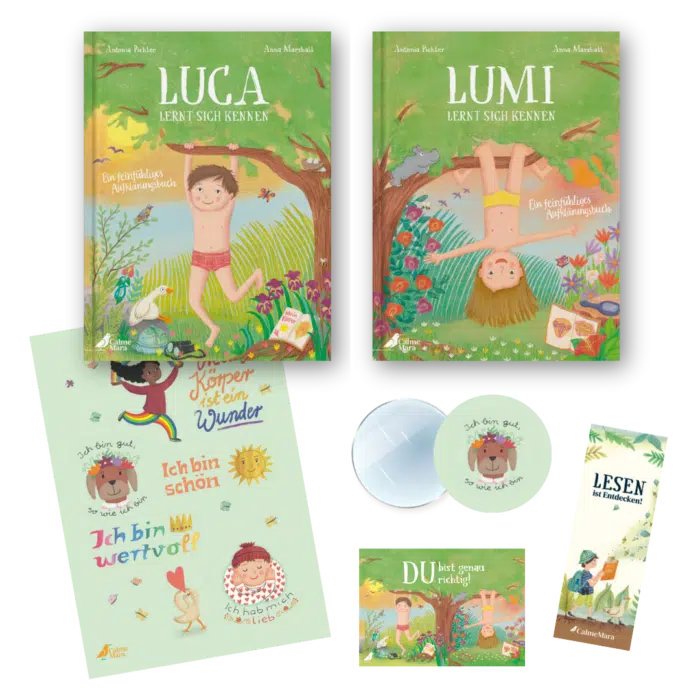 Inhalt des Aufklärungspakets: Buch "Lumi lernt sich kennen", Buch "Luca lernt sich kennen", Poster mit Affirmationen, kleiner runder Handspiegel, Lesezeichen "Lesen ist Entdecken!", Postkarte "Du bist genau richtig"
