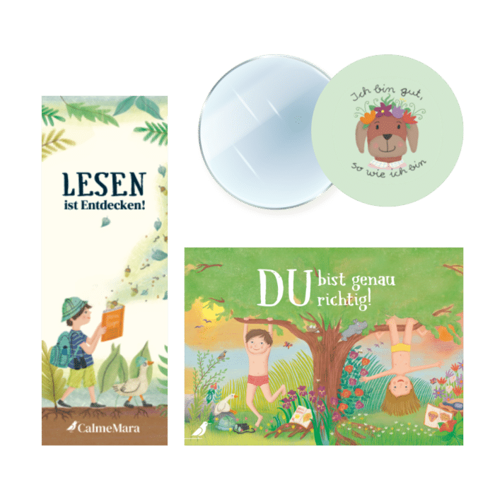 Abbildung Lesezeichen "Lesen ist Entdecken", Postkarte "Du bist genau richtig", kleiner runder Handspiegel mit Illustration