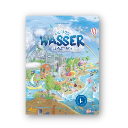 Cover des Buches "Das große Wasser-Wimmelbuch", auf dem eine bunte wimmelige Wasserlandschaft abgebildet ist.
