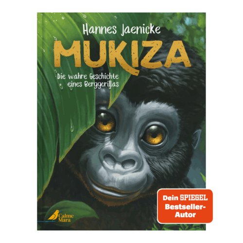 Cover des Titels "Mukiza", auf dem ein Berggorilla hinter einem Blatt hervorschaut.