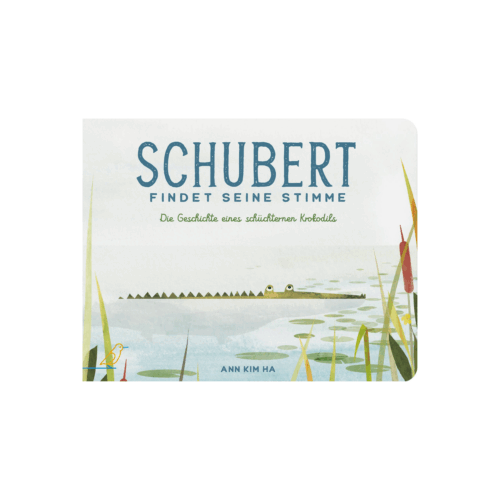 Buch-Cover: schüchternes Krokodil versteckt sich im Wasser, "Schubert findet seine Stimme"