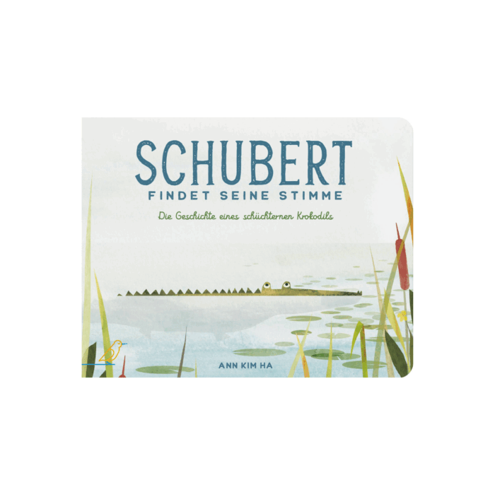 Buch-Cover: schüchternes Krokodil versteckt sich im Wasser, "Schubert findet seine Stimme"
