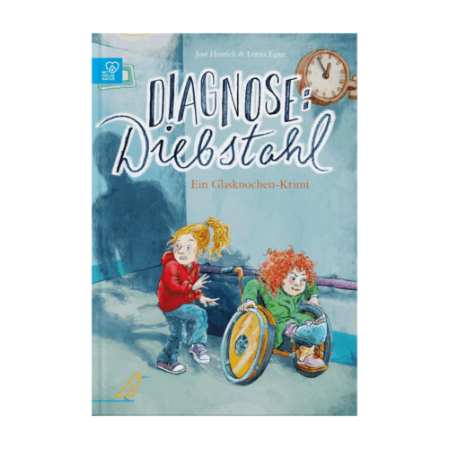 Buch-Cover: ein verängstigtes Mädchen und ein Mädchen im Rollstuhl vor einem riesigen Schatten, "Diagnose: Diebstahl"