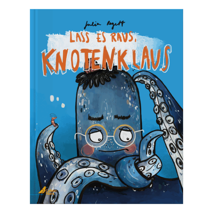 Cover des Kinderbuchs "Lass es raus, Knotenklaus", auf dem ein blauer Oktopus mit Brille abgebildet ist.