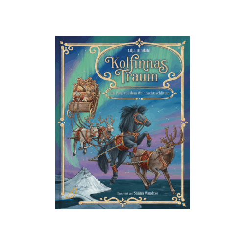 Buch-Cover: der Schlitten des Weihnachtsmannes wird von Rentieren und einem Pony gezogen, "Kolfinnas Traum - Ein Pony vor dem Weihnachtsschlitten"