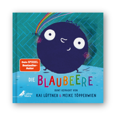 Cover des Buches "Die Blaubeere", auf dem eine Blaubeere mit Gesicht abgebildet ist und bunte Schrift.