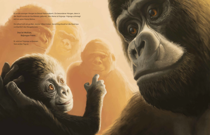 Innenseite aus dem Buch "Mukiza", auf der ein Gorilla mit seinem Gorillababy abgebildet ist.