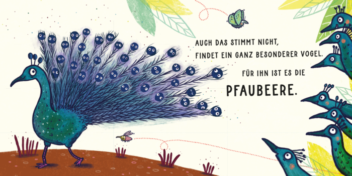 Innenseite aus dem Buch "Die Blaubeere", auf der ein Pfau abgebildet ist mit lauter Pfaubeeren.