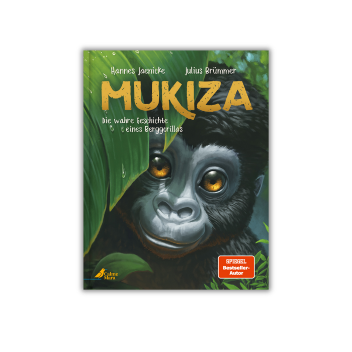 Cover des Titels "Mukiza", auf dem ein Berggorilla hinter einem Blatt hervorschaut.