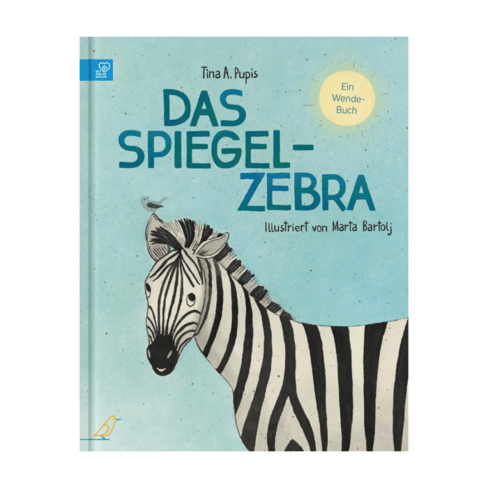 Buch-Cover: ein Vogel sitzt auf dem Ohr eines Zebras, "Das Spiegel-Zebra"