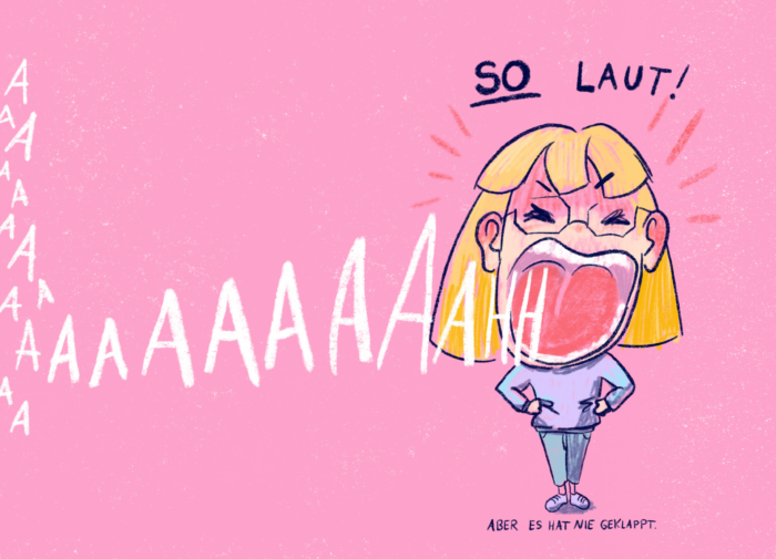 Innenseite aus dem Buch "Sag doch mal was", auf der ein Mädchen im Comicstil ganz laut "Aaaaaah" brüllt.