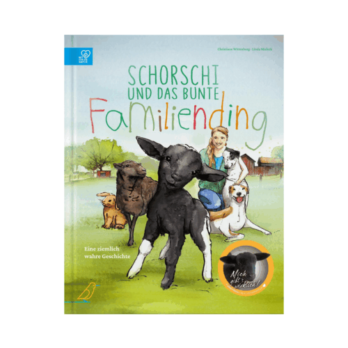 Buch-Cover: eine kleine Ziege mit einer großen Ziege, einem Hasen, und einer Frau mit zwei Hunden dahinter, "Schorschi und das bunte Familiending"