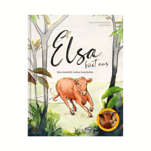 Buch-Cover: braune rennende Kuh auf Wiese, "Elsa büxt aus"