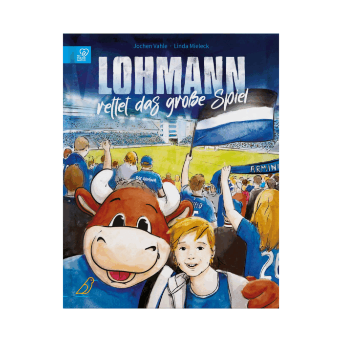 Buch-Cover: ein Stier mit Fußballtrikot umarmt einen Jungen in einem Fußballstadion, "Lohmann rettet das große Spiel"