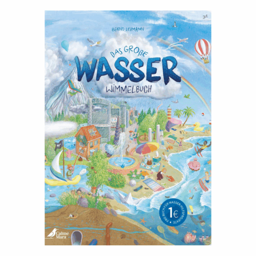 Cover des Buches "Das große Wasser-Wimmelbuch", auf dem eine bunte wimmelige Wasserlandschaft abgebildet ist.