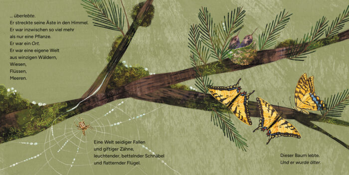 Innenseite aus dem Buch " Dieser Baum lebt!": ein Ast bietet Lebensraum für viele Tiere.